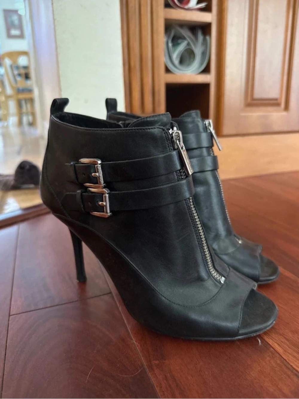 Michael Kors Black Leather Peep-Toe Ankle Booties with Front Zipper and Buckles